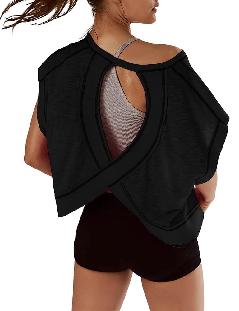 Women Short Sleeve Workout Shirts Open Back Tops Casual Yoga Y2k Athletic Gym Slouchy Crop Runnin... | Amazon (US)
