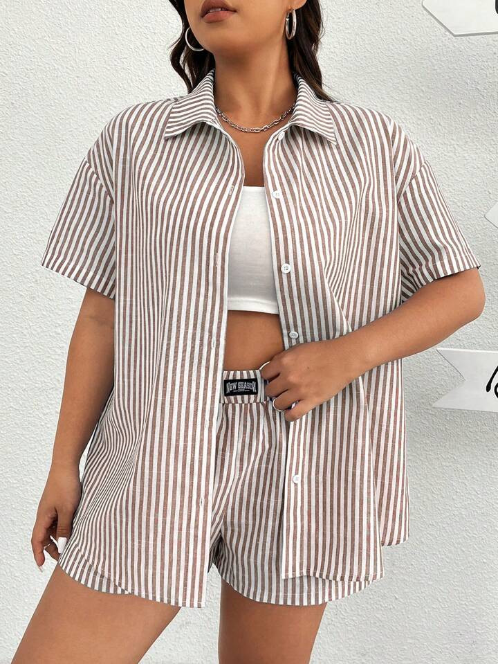 SHEIN EZwear 2pcs Woven Khaki & White Striped Women's Casual Shirt And Shorts Set | SHEIN