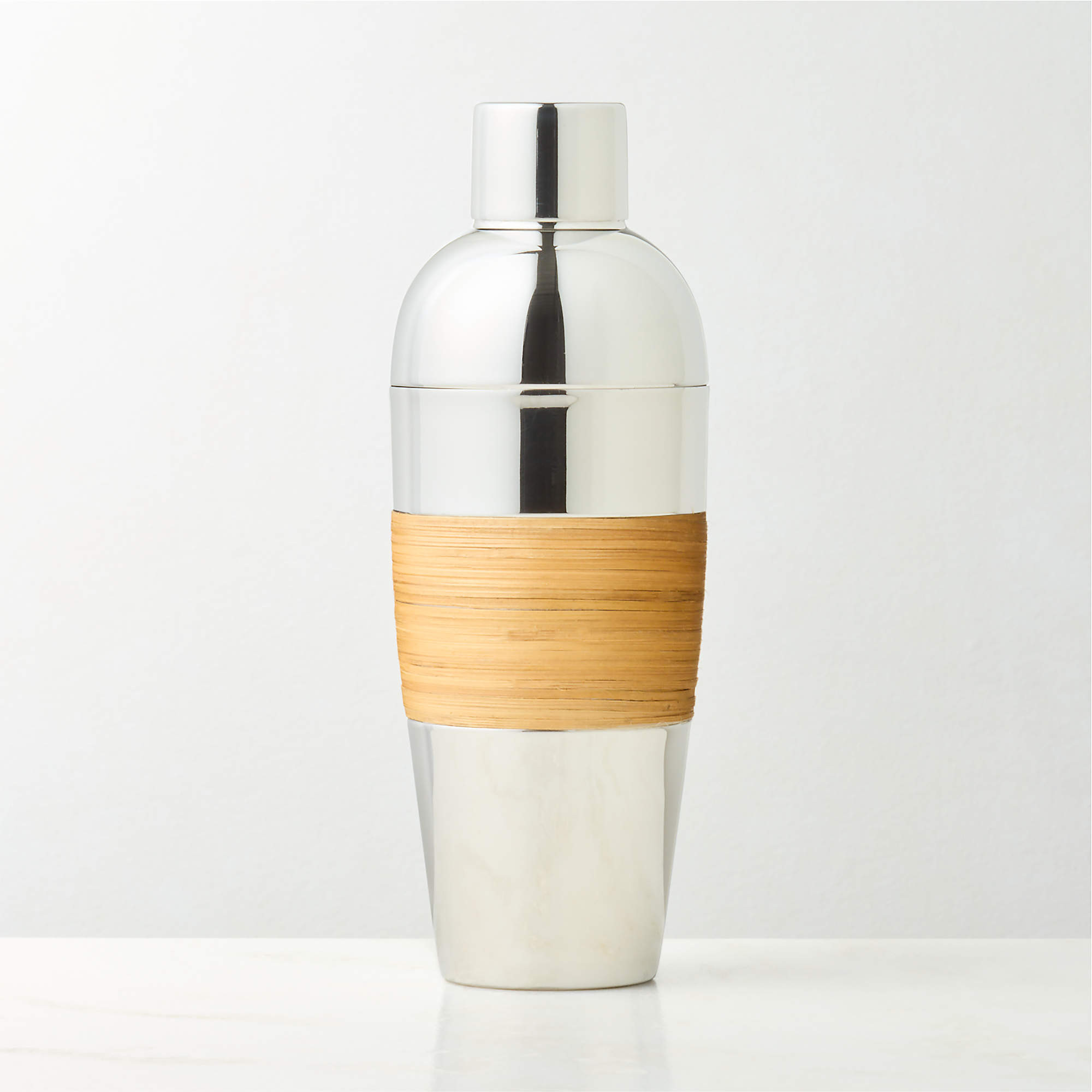 Savoy Polished Stainless Steel and Rattan Cocktail Shaker | CB2 | CB2