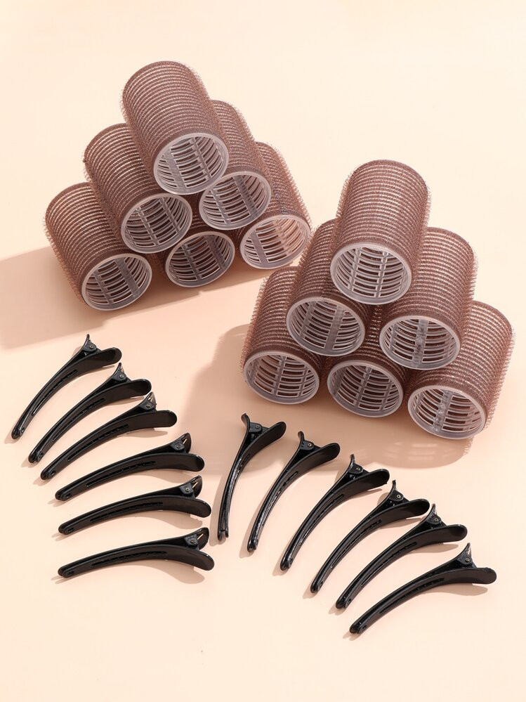 4.2cm Self-adhesive Curlers, 12pcs Black Rollers+12pcs Hairpins Set | SHEIN