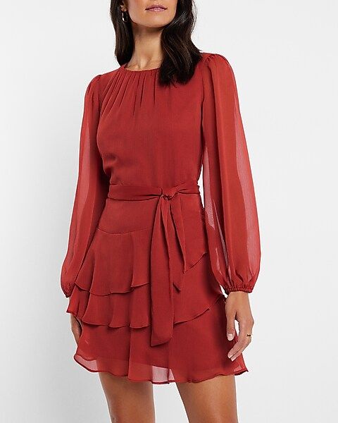 Long Sleeve Tie Waist Tiered Ruffle Mini Dress | Express