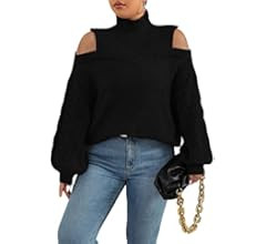 MakeMeChic Women's Cable Knit Cold Shoulder High Neck Lantern Sleeve Sweater Pullover Jumper Top | Amazon (US)