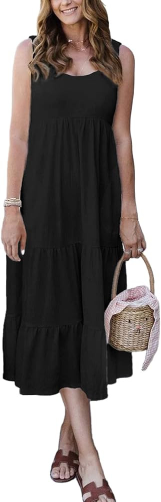BTFBM Women Sleeveless Scoop Neck Casual Dresses Loose Soft Pleated Flowy Swing Summer Beach Maxi Ta | Amazon (US)