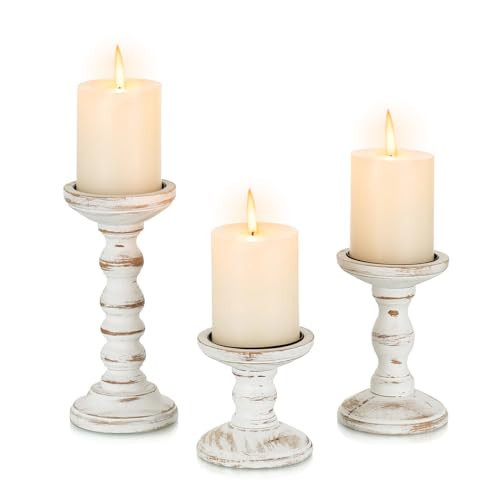Candeldo Wood Candle Holders for Pillar: Rustic Candles Holder Set of 3 Tall Table Centerpiece Decor Wooden White Farmhouse Decorations for Fireplace Mantle | Amazon (US)