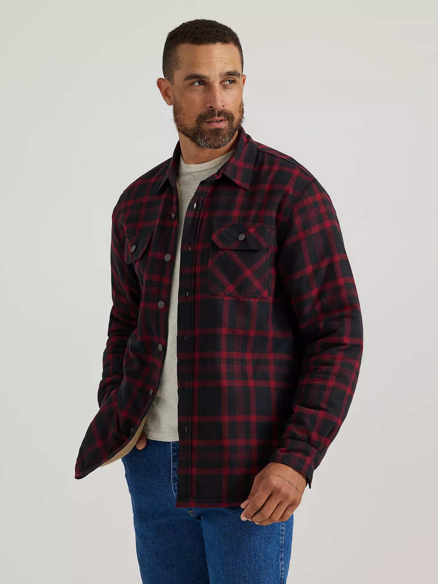Men's Wrangler® Heavyweight Plaid Sherpa Lined Shirt Jacket in Midnight | Wrangler