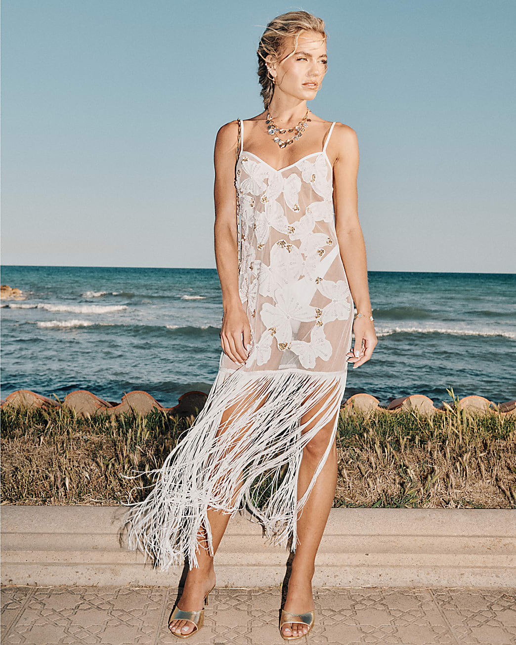 Cream Butterfly Embellished Tassel Maxi Dress | River Island UK & IE