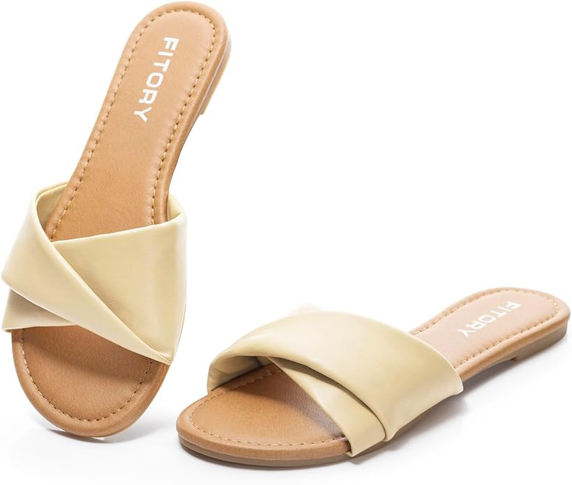 FITORY Women's Flat Sandals Fashion Slides With Soft Leather Slippers for Summer Size 6-11 | Amazon (US)