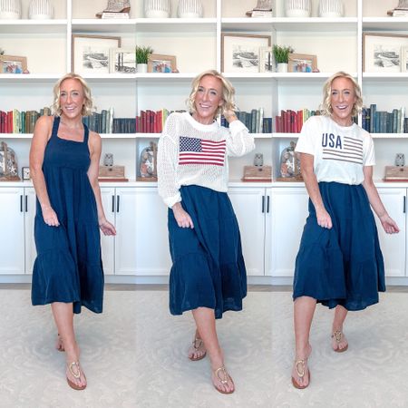 Maurices Memorial Day finds, & everything is on sale. 
1. Navy dress - size small. 50% off.
2. Open stitch flag sweater - size small (wish I had sized up for a more roomy look). 35% off.
3. Flag tee - size small. (More I’ve an oversized fit). 35% off.
4. Navy shorts - size small. Terry cloth inside & has pockets. 50% off. 
5. Red ribbed sweatshirt - size medium. (Also linking the matching shorts). 35% off.
6. 1776 navy sweatshirt - size medium. (Shorts match!) 35% off  
* sandals - tts. 
Not just for Memorial Day, but also for the 4th of July  

#LTKFindsUnder50 #LTKSeasonal #LTKSaleAlert