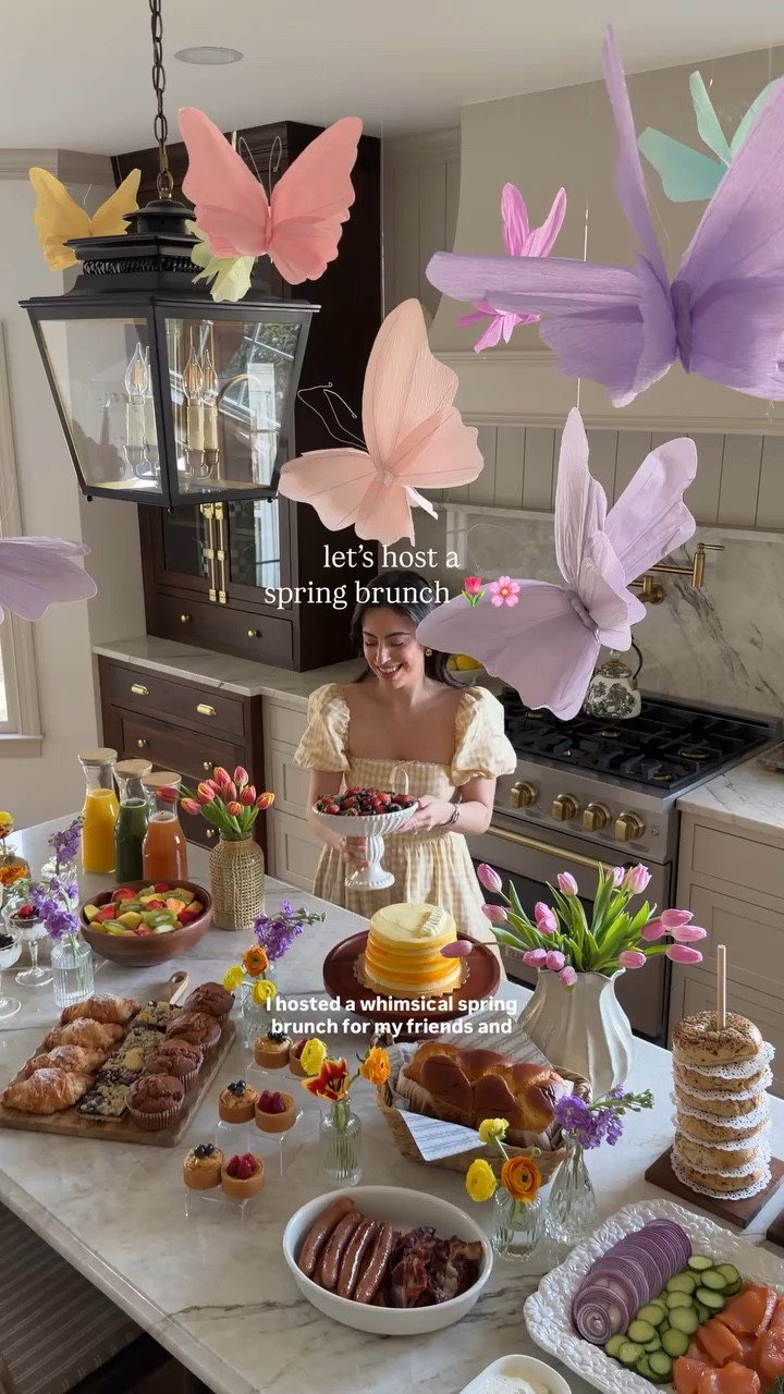 Host a Spring Brunch with me 🌷🌸 I found the most perfect paper butterflies to create a whimsical setup for my friends! 

I put together a bagel bar with these fun stands, and added different savory dishes, pastries, desserts and fruits, and I love how everything turned out! 

