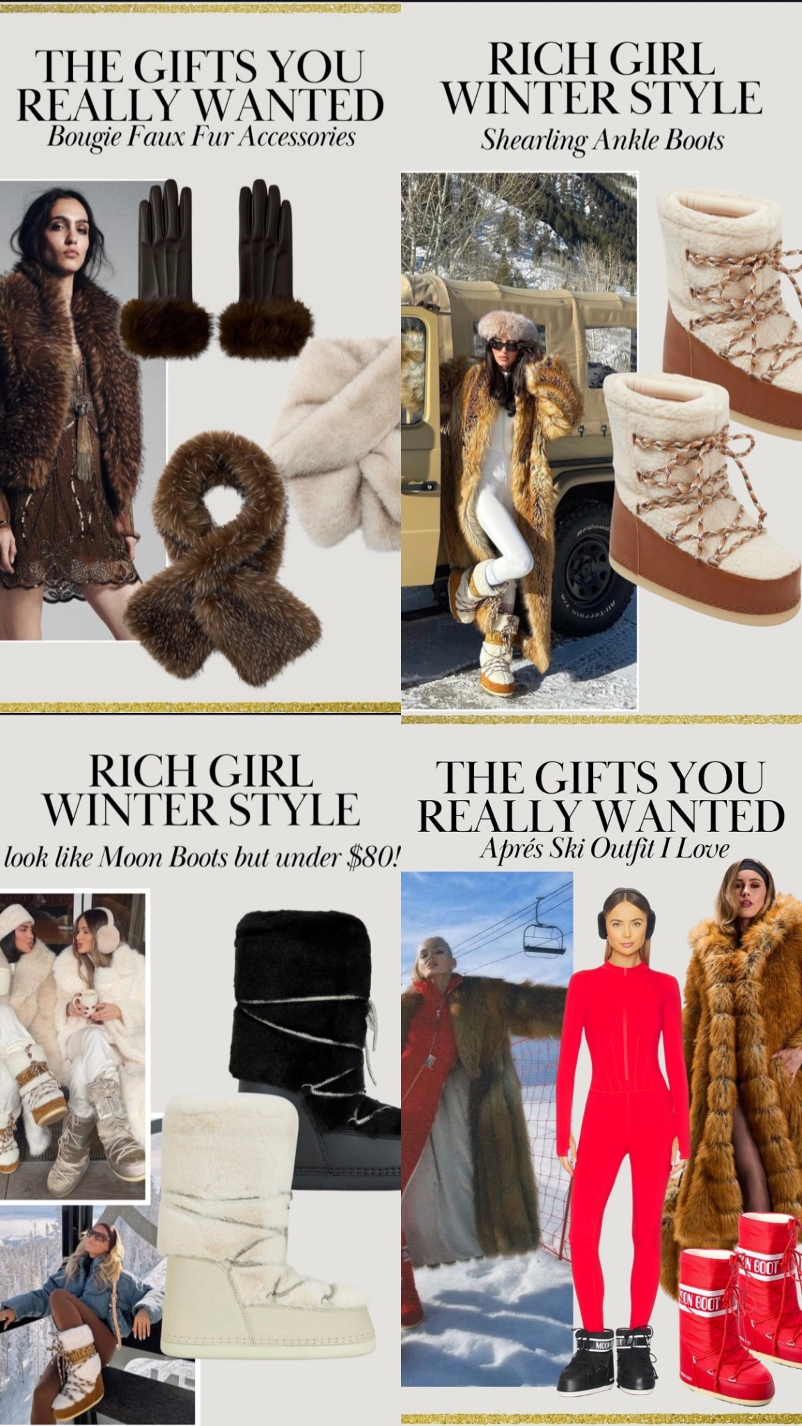 Apres ski essentials!! Chic faux fur accessories, moon boots, ski one piece and the most chic faux fur coat 

#LTKSeasonal