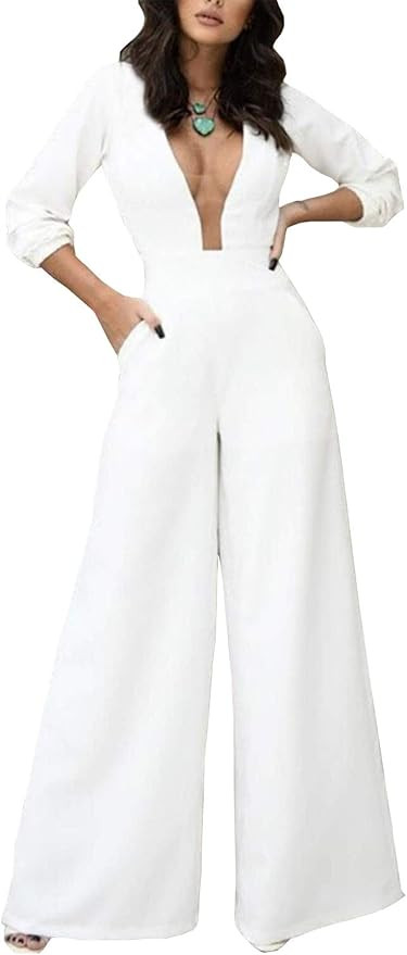 Honeydress Women's Long Sleeve Jumpsuit V-Neck Evening Dresses White Pants Satin Prom Gowns for W... | Amazon (US)