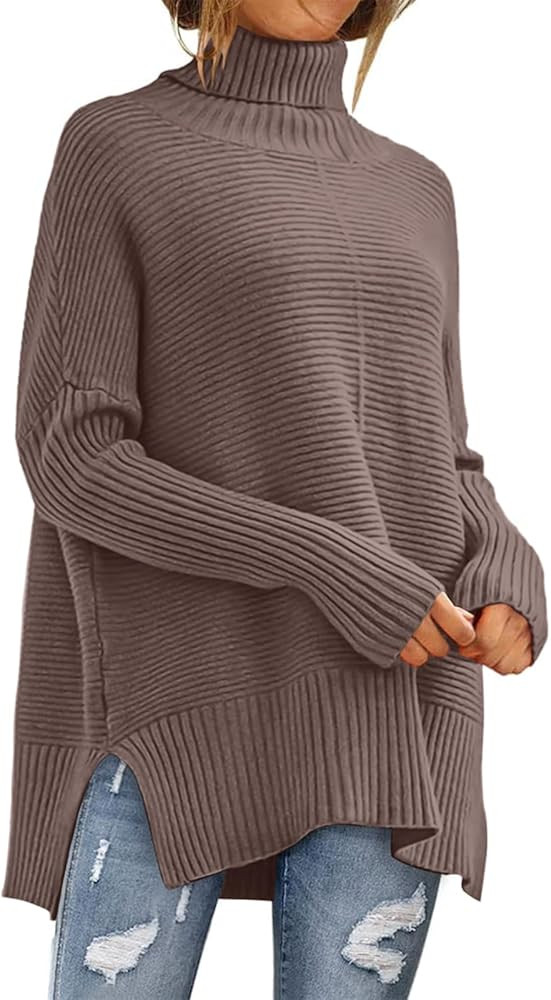 ANRABESS Womens 2023 Fall Sweaters Oversized Turtleneck Long Batwing Sleeve Split Hem Pullover Kn... | Amazon (US)