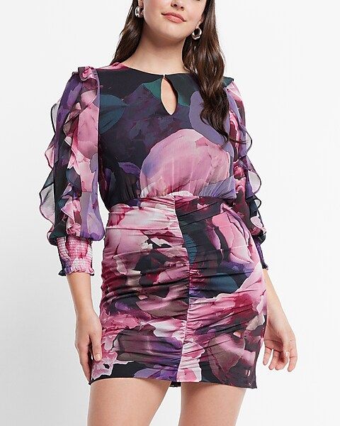 Floral Ruffle Sleeve Ruched Mini Sheath Dress | Express