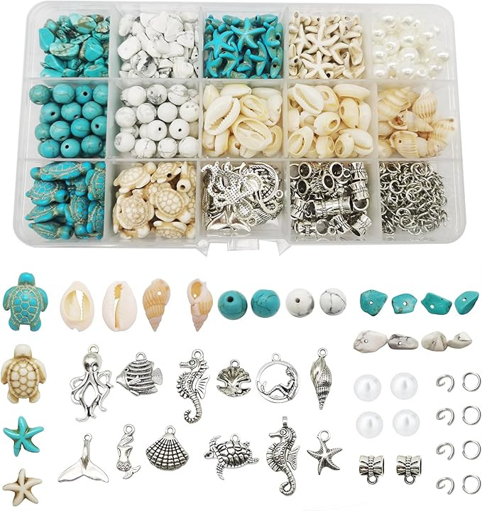 Julie Wang 422 PCS Antique Silver Alloy Pendants Seashells Man-Made Turquoise Beads Starfish Turt... | Amazon (US)