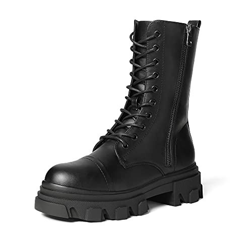 DREAM PAIRS Women's Combat Boots Lace up Mid Calf Boots Low Heel Chunky Platform Lug Sole Riding Boots,Size 9.5,Black/Pu,DMB215 | Amazon (US)