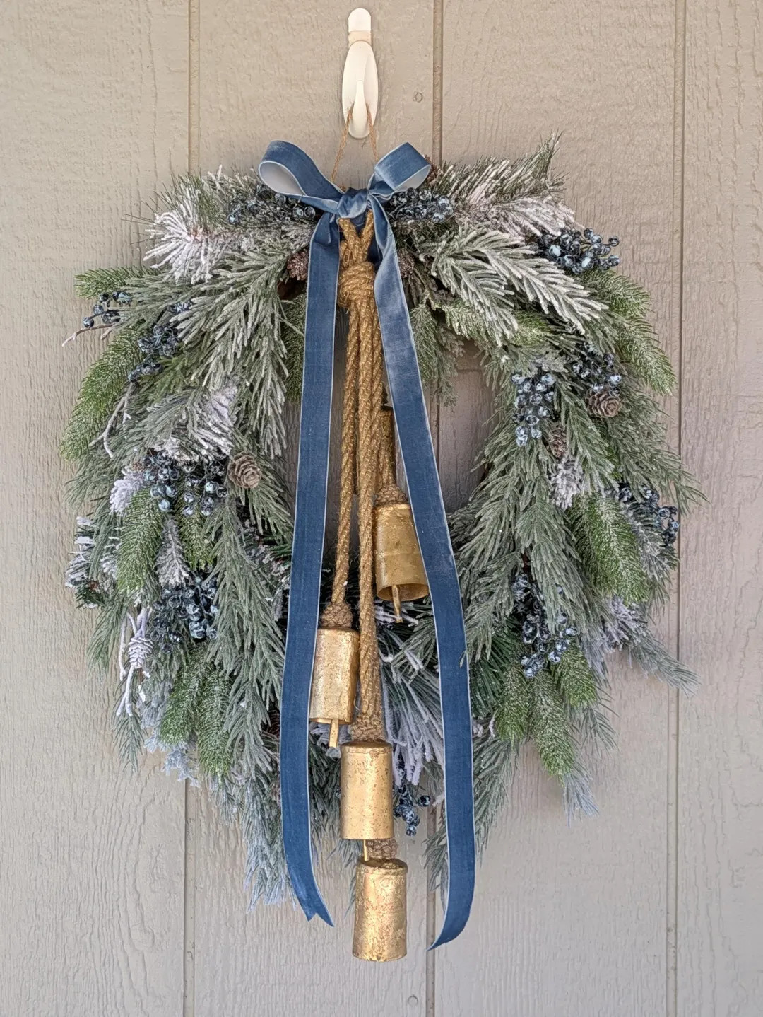 Flocked Pine Christmas Wreath: Blue Velvet Ribbon & Vintage Bells, Holiday Home Decor - Etsy | Etsy (US)