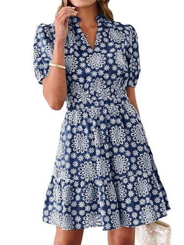 BerryGo Womens Summer Eyelet Mini Dress Beach Casual Embroidery Lace Puff Short Sleeve V Neck Boh... | Amazon (US)