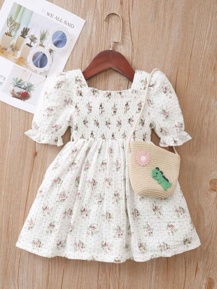 Baby Polka Dot & Floral Print Textured Puff Sleeve Shirred Dress | SHEIN