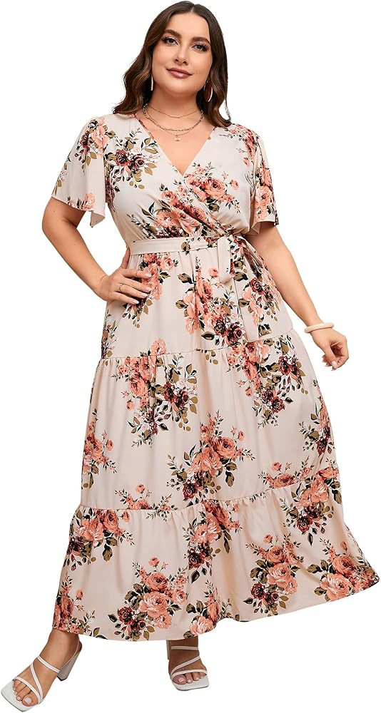 KOJOOIN Women Plus Size V Neck Wrap Maxi Dress High Waist Ruffle Short Sleeves Casual Summer Dres... | Amazon (US)