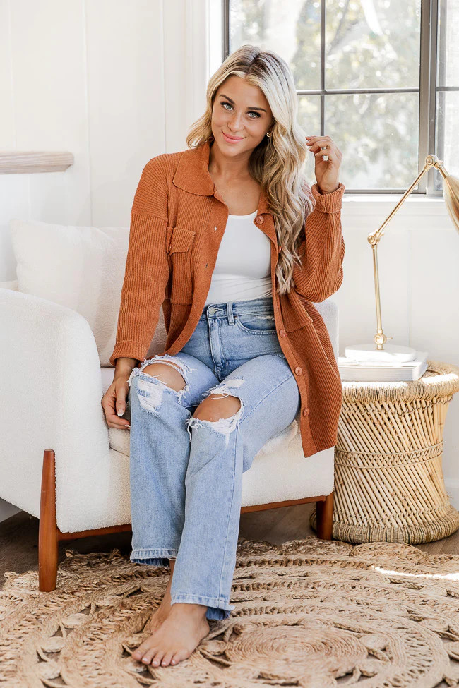 Winding Autumn Roads Rust Brushed Ribbed Shacket FINAL SALE | Pink Lily