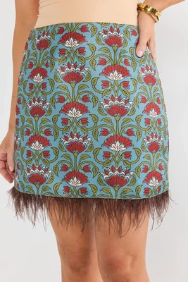 Blue Floral Printed Feather Trim Skirt | Avara