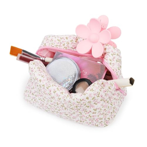 Floral Makeup Bag, Large Cosmetic Bag Floral Quilted Makeup Bag Cute Pink Cotton Travel Makeup Pouch for Women Girls | Amazon (US)