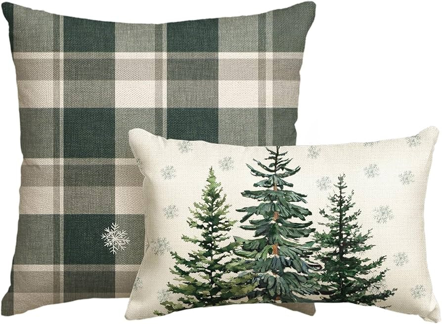 AVOIN colorlife Christmas Trees Snowflake Buffalo Plaid Throw Pillow Covers Set of 2, 12x20 and 1... | Amazon (US)