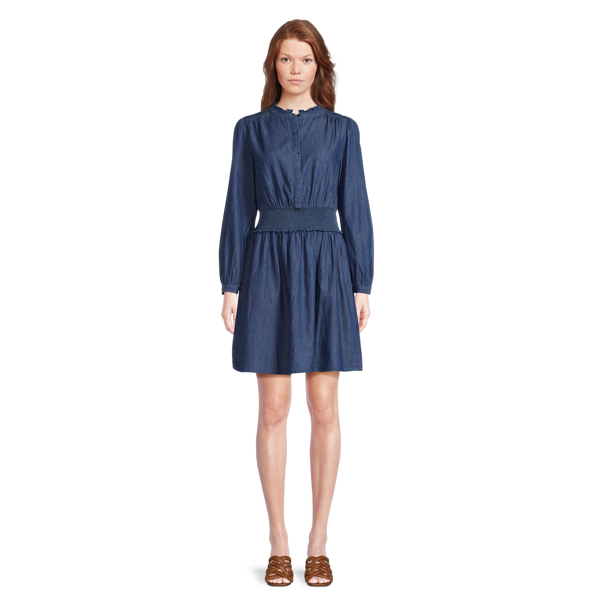 Time and Tru Women’s Long Sleeve Smocked Waist Denim Mini Dress - Walmart.com | Walmart (US)