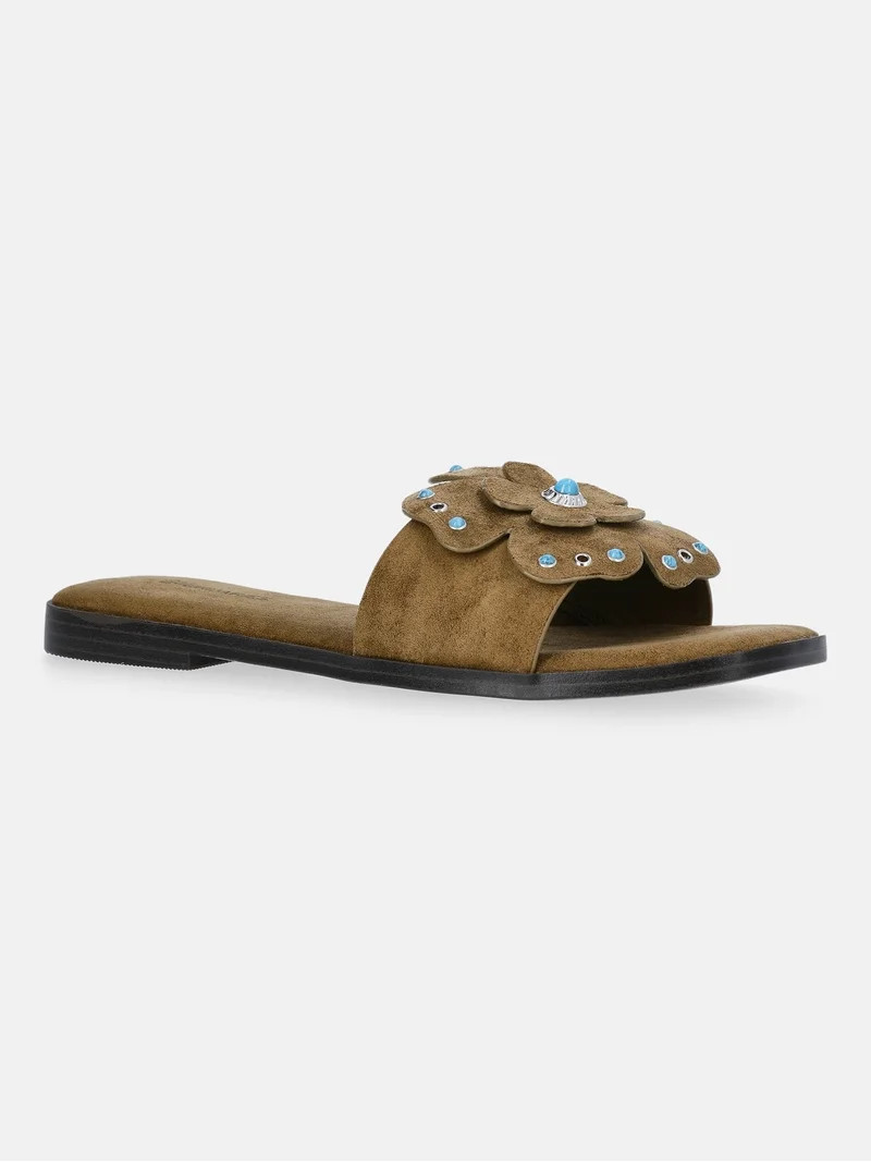 No Boundaries Studded Faux Suede Flower Slide Sandals, Women's | Walmart (US)