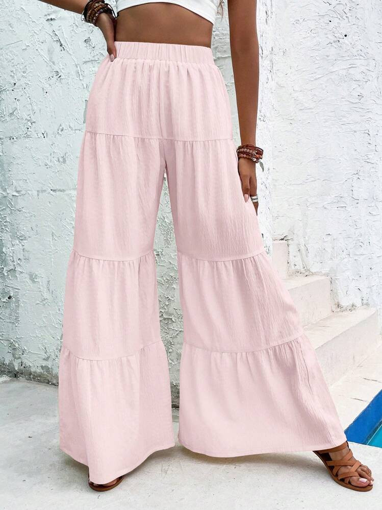 Breezaya Solid Color Ruffle Hem Wide Leg Pants Fall Cloth For Women | SHEIN
