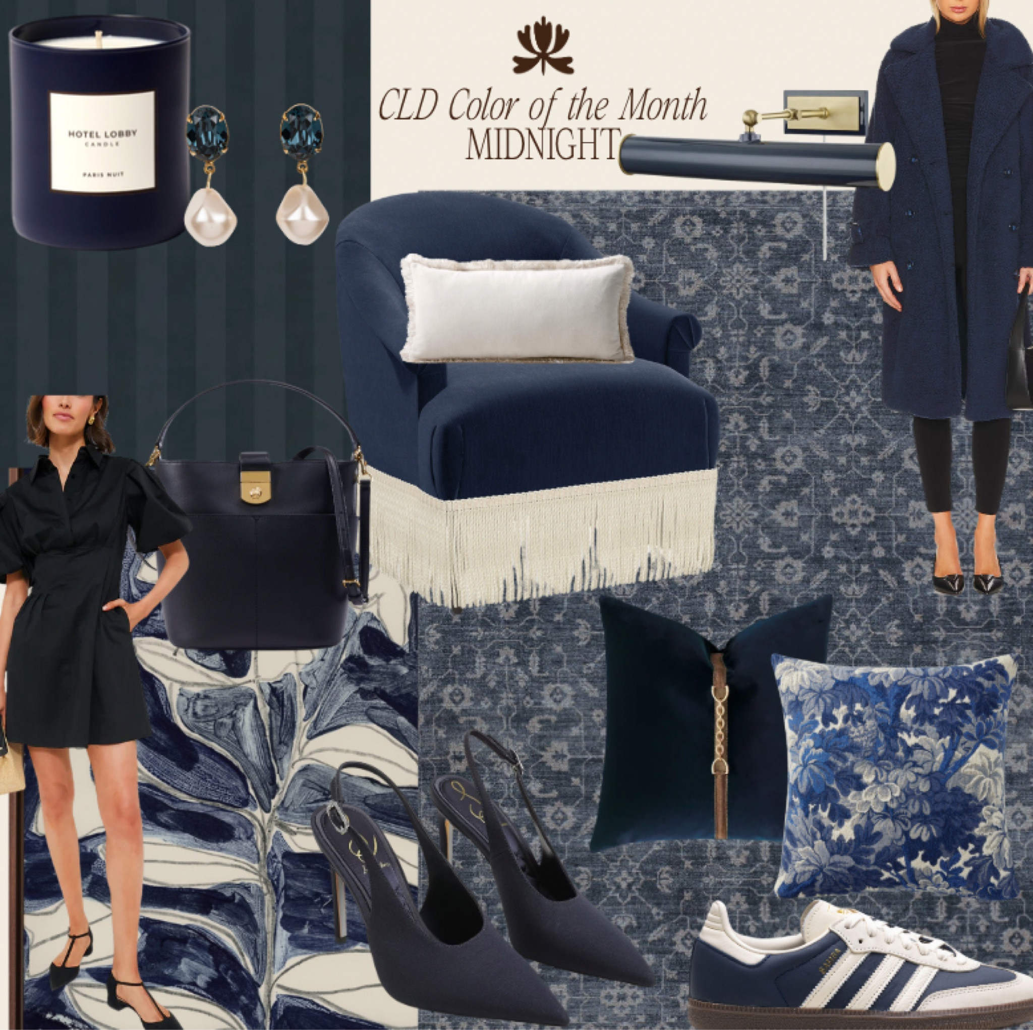 Whether you’re layering tonal blues with subtle patterns or adding a single striking accent, Midnight seamlessly blends into your wardrobe and home. From a tonal blue striped wallpaper to elegant slingback heels, this versatile shade elevates every detail. Whether you lean toward low-impact touches like a candle or throw pillows, or you’re ready for bold statement pieces like a luxe coat or a patterned rug, there’s a way to embrace Midnight that fits your style. Be sure to click the link below for even more ideas not shown above to bring Midnight into your world!