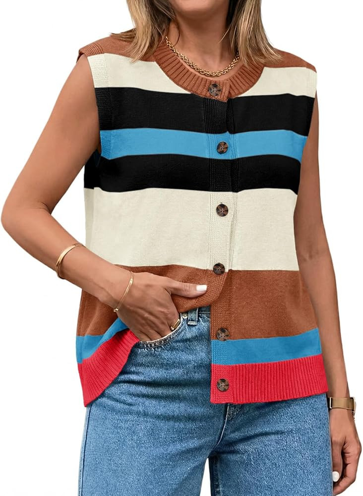 Tankaneo Womens Color Block Striped Sweater Vest Tops Summer Casual Button Up Knit Sleeveless Car... | Amazon (US)
