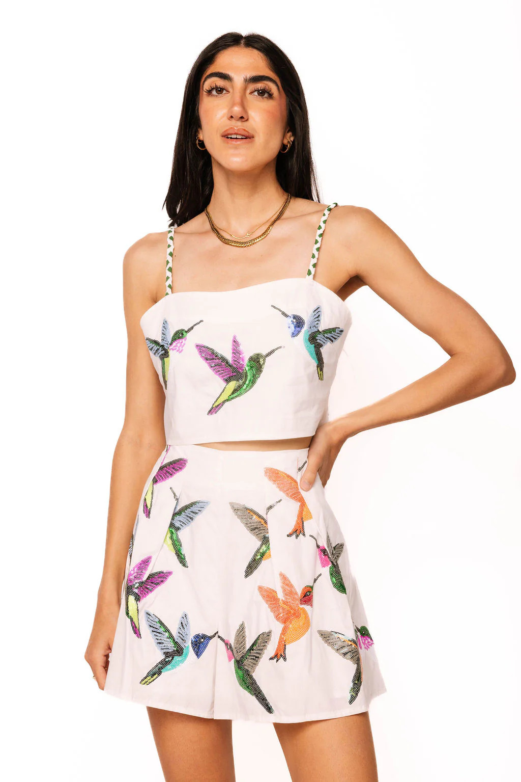 Sample White Multi Hummingbird Crop Cotton Tank & Short Set | Queen of Sparkles