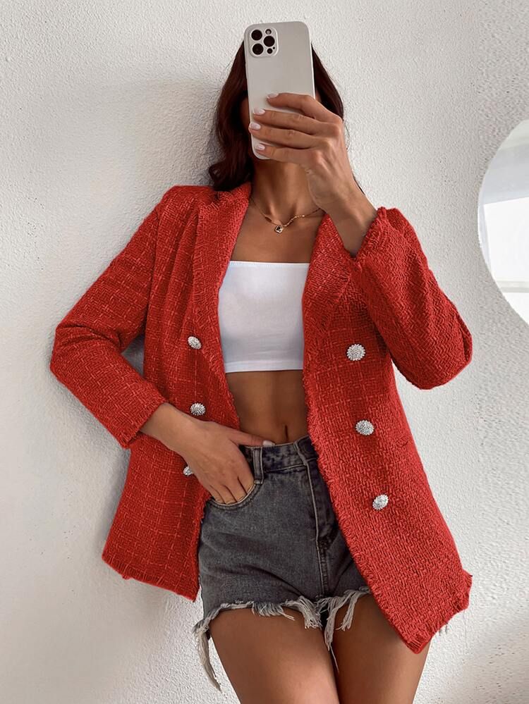 Tweed Raw Trimmed Double Breasted Blazer | SHEIN