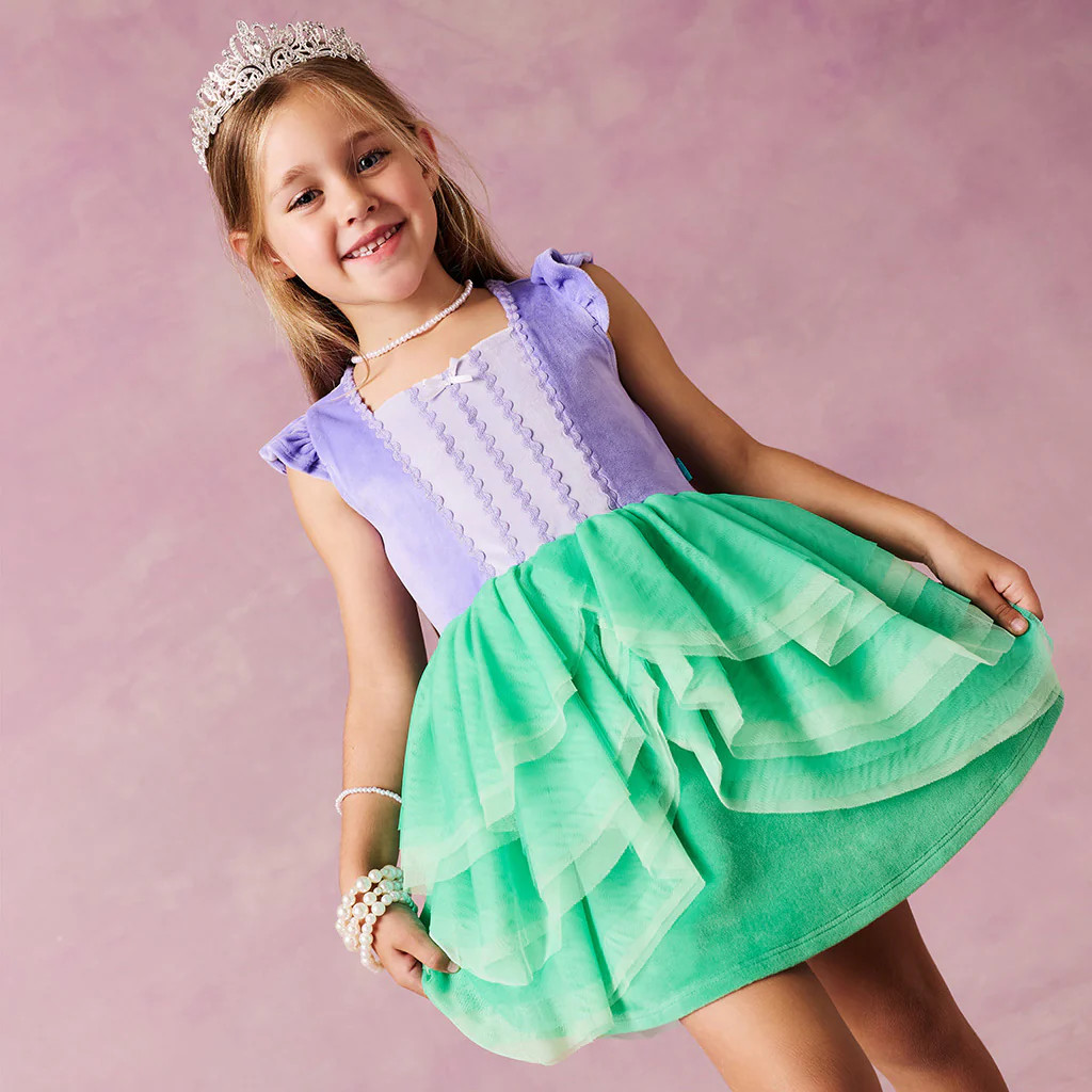 Mermaid Green Flutter Sleeve Disney Ariel Velour Dress | Posh Peanut® | Posh Peanut