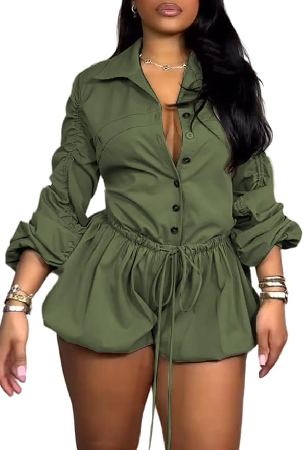 Unybwonn Women's Cargo Rompers Long Sleeve One Piece Bubble Short Jumpsuit Casual Ruched Drawstri... | Amazon (US)