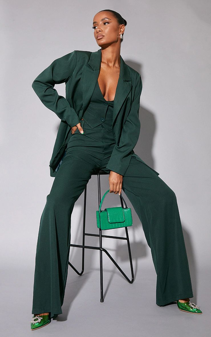 Dark Green Woven Double Belt Loop Suit Pants | PrettyLittleThing US