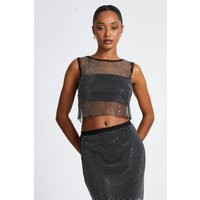 Womens Black Mesh Diamante Crop Top - L | NastyGal UK