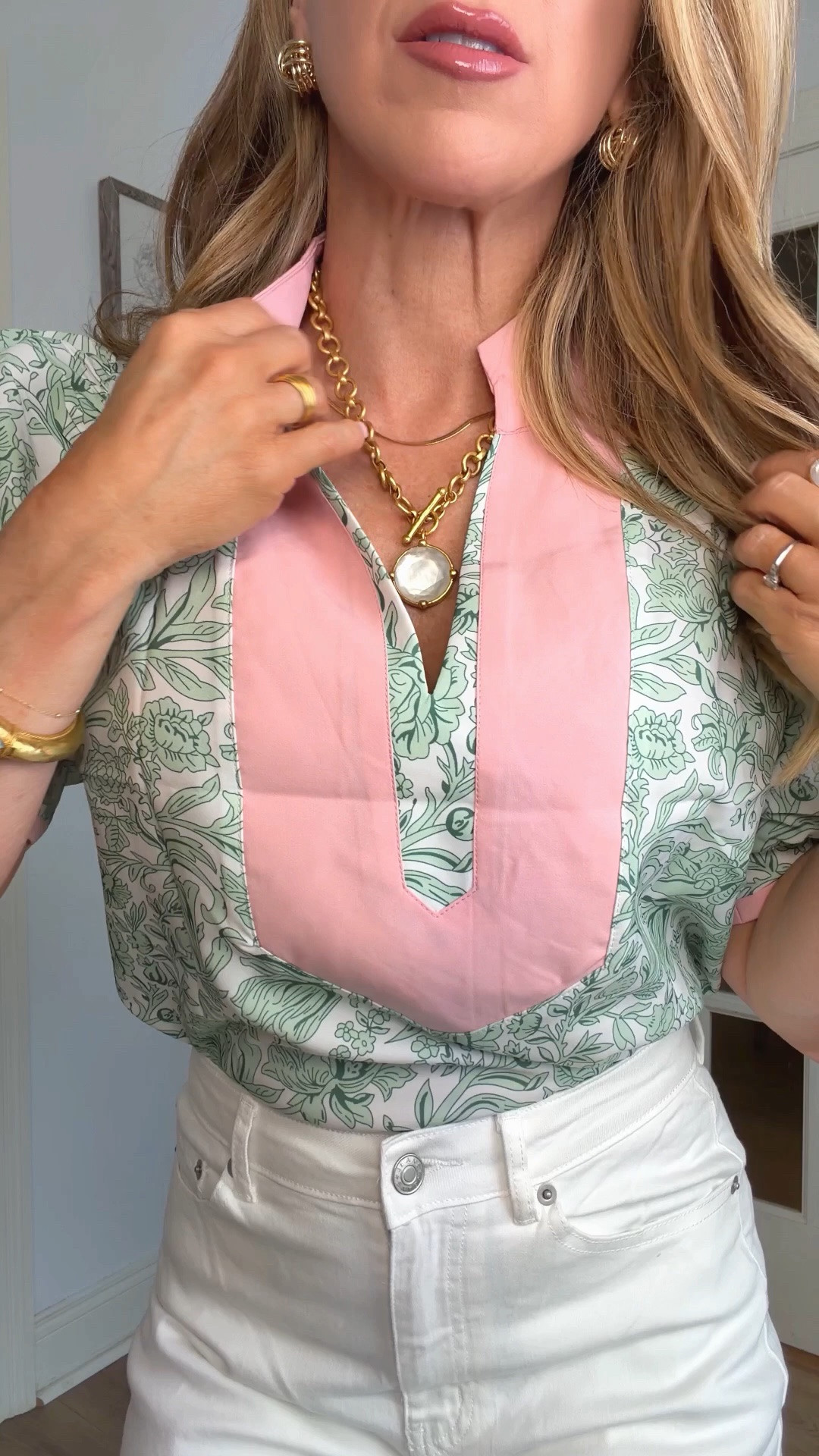 A spring outfit to try with white denim jeans. The fun blouse comes in several other colors as well. 

Spring outfits 2026, summer outfits 2026, spring short sleeve tops, vacation outfits, work blouse, business casual workwear

#LTKgrwm #LTKMothersDay #LTKOver40