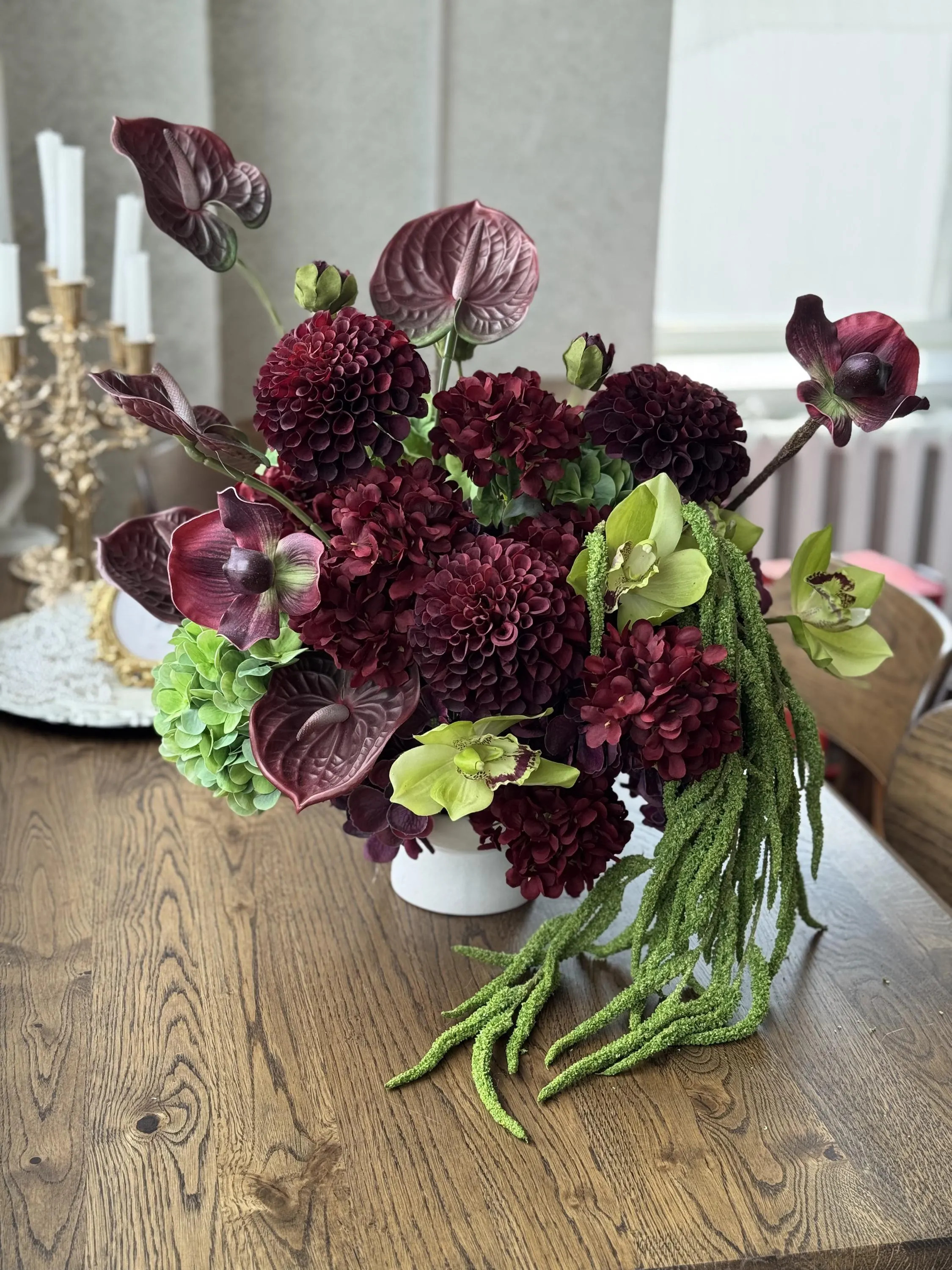 Burgundy Green Floral Arrangement, Artificial Flower Centerpiece, Amaranthus Orchid Anthurium Decor, Luxury Table Decor, Statement Flowers | Etsy (Global)