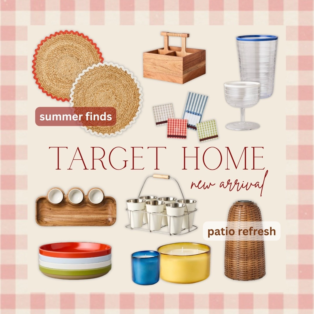 
Target Home just dropped the most charming summer finds and the patio refresh is calling 🎯🌿✨ Ruffled edge jute placemats, a wood caddy, ribbed acrylic wine glasses, gingham cocktail napkins, a wood serving tray with dipping bowls, metal bucket caddy, colorful enamel plates, blue and yellow candles, and the most gorgeous woven rattan vase — all the pieces to make your outdoor table look completely intentional.

#LTKMothersDay #LTKSeasonal #LTKHome