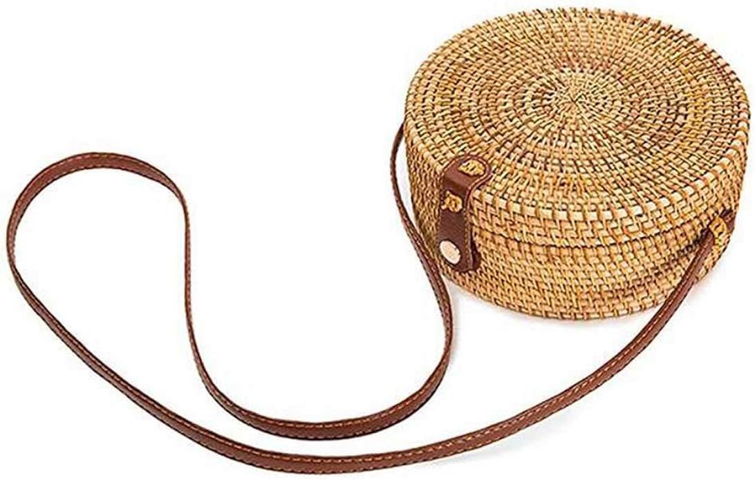 Handwoven Round Rattan Bag Shoulder Leather Straps for Women | Amazon (US)