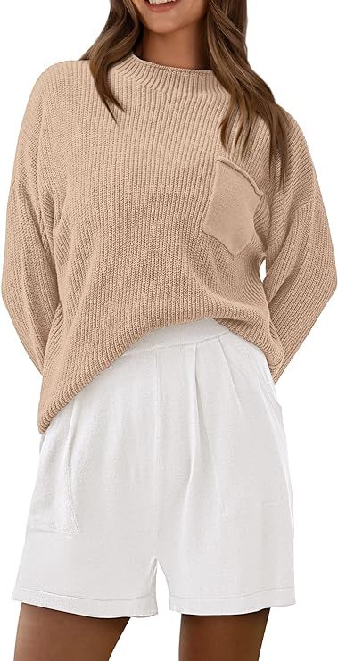 PRETTYGARDEN Women 2 Piece Knit Sweater Outfit Long Sleeve Pullover Top Wide Leg Shorts Loungewea... | Amazon (US)
