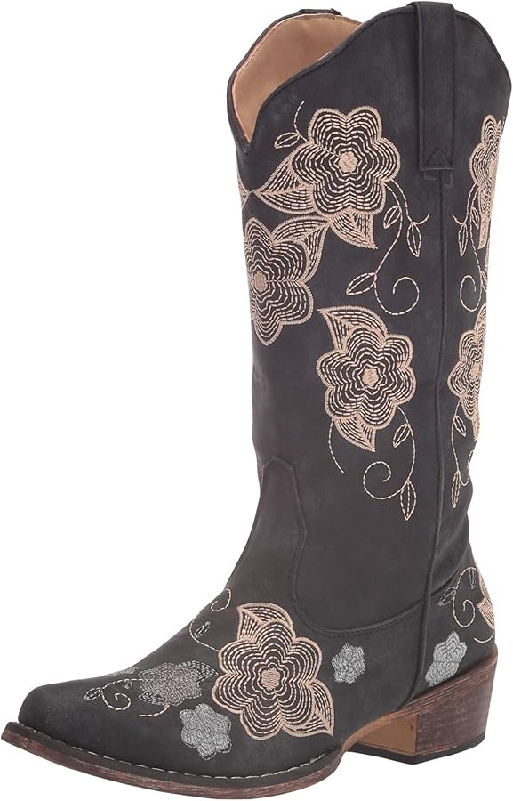 Roper Womens Riley Floral Embroidered Snip Toe Casual Boots Mid Calf Low Heel 1-2" - Brown | Amazon (US)