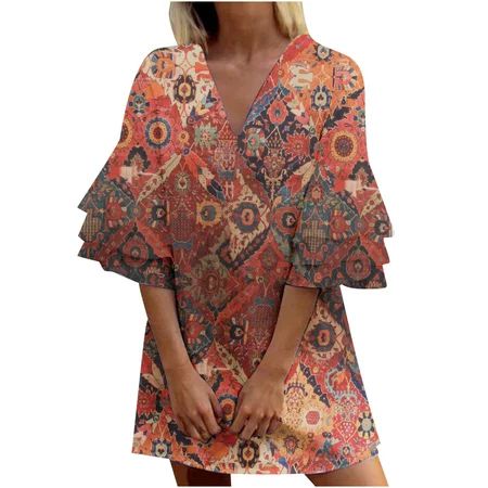 VIAVIOE Women Summer Spring Loose Dresses Boho Bell Sleeve Mini Dress Blouses Casual V Neck Short Sl | Walmart (US)