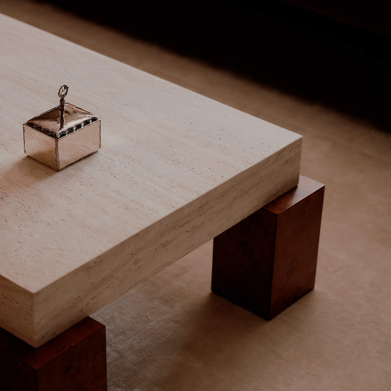 Dualité Travertine and Burl Wood Block Leg 53" Coffee Table by Athena Calderone + Reviews | Crat... | Crate & Barrel