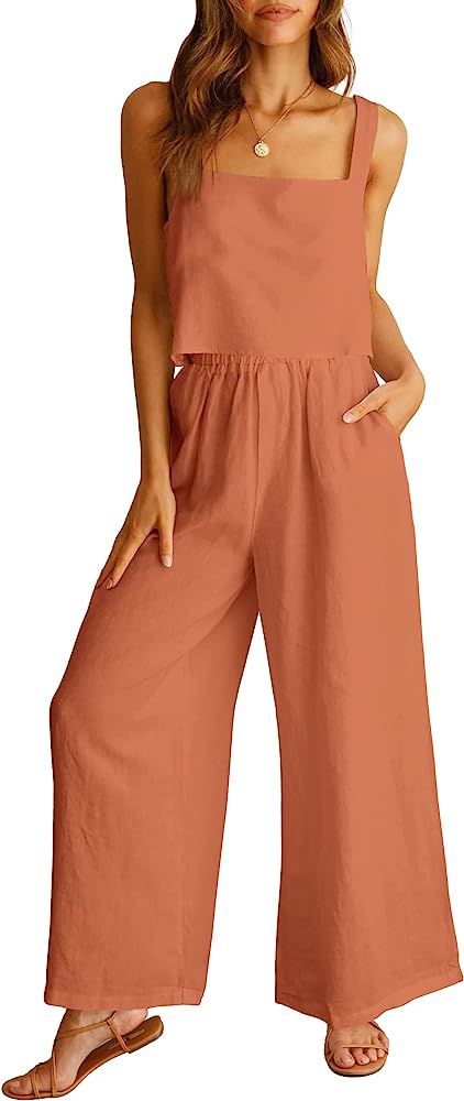 ANRABESS Women's 2 Piece Outfits Square Neck Linen Tank Crop Top Wide Leg Pants Matching Lounge S... | Amazon (US)