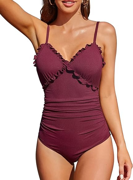 Charmo Ruffle Ribbed One Piece Bathing Suits for Women Ruched Frill Swimsuit High Cut Monokinis | Amazon (US)
