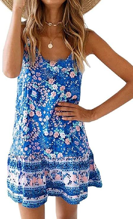 Womens Boho Floral Printed Dress Summer Sleeveless Adjustable Strap Beach Mini Dress with Pockets | Amazon (US)