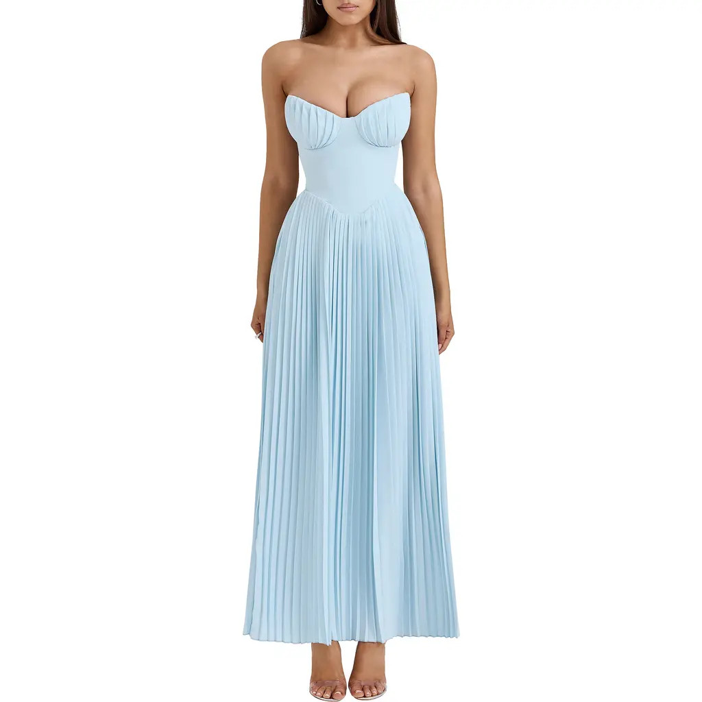 HOUSE OF CB Marcella Strapless Pleated Georgette Gown in Stratosphere at Nordstrom, Size X-Large A | Nordstrom